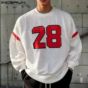 INCERUN Мужские сетчатые топы с круглым вырезом и длинным рукавом, повседневные открытые спортивные футболки S чёрный