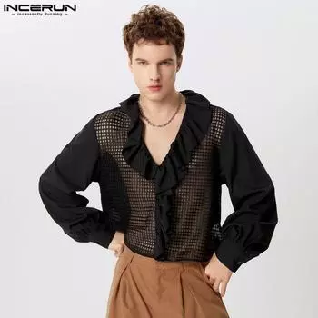 INCERUN Мужские сетчатые топы с V-образным вырезом и длинным рукавом, повседневные рубашки с вырезом в стиле пэчворк S чёрный