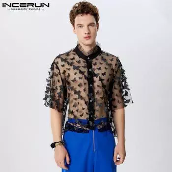 INCERUN Мужские сетчатые топы с воротником-стойкой, прозрачные, кружевные, короткие, сексуальные, футболки S чёрный