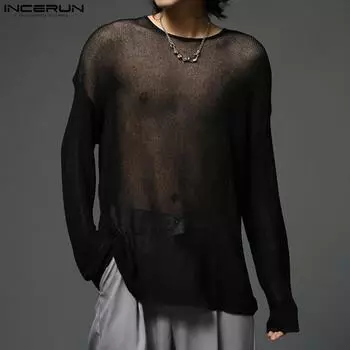 INCERUN Мужские сетчатые трикотажные дышащие полупрозрачные футболки с длинным рукавом большого размера 4XL чёрный