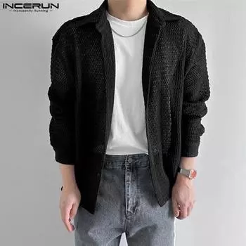 INCERUN Мужские сетчатые вырезы трикотажные повседневные топы с длинным рукавом и полыми пуговицами свитера 4XL чёрный