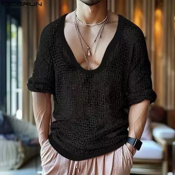 INCERUN Мужские сексуальные ажурные топы с рукавами 3/4, сетчатые футболки с V-образным вырезом L чёрный