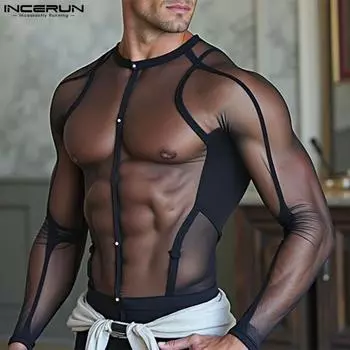 INCERUN Мужские сексуальные сетчатые футболки с длинным рукавом для вечеринок и клубов, тонкие прозрачные топы S