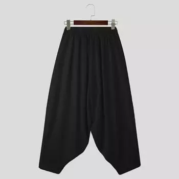 INCERUN мужские шаровары с высокой талией и заниженным шаговым швом, повседневные мешковатые брюки XL чёрный