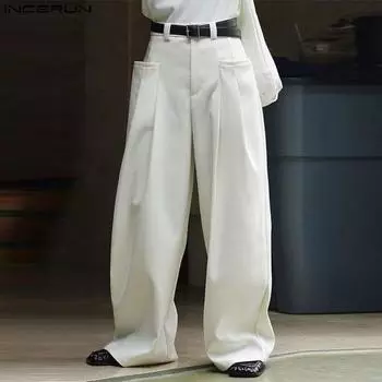INCERUN мужские широкие брюки на молнии деловые длинные мужские брюки брюки S белый