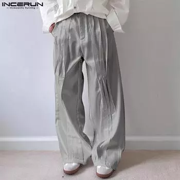 INCERUN Мужские широкие брюки, повседневные, на молнии, плиссированные, длинные брюки 4XL чёрный