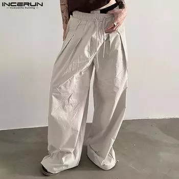 INCERUN Мужские широкие брюки повседневные эластичные талии шнурок плиссированные длинные брюки S чёрный