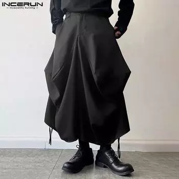 INCERUN Мужские широкие брюки с карманами и высокой талией, укороченные брюки с завязками на подол M зелёный