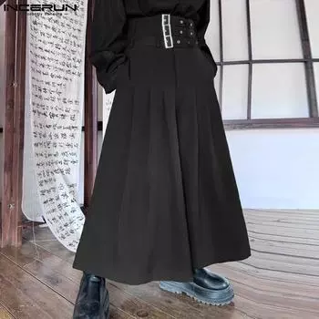 INCERUN мужские широкие брюки с высокой талией и поясом на молнии, однотонные свободные брюки-кюлоты