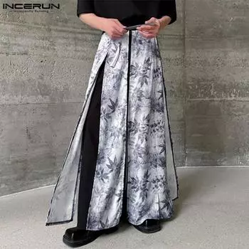 INCERUN мужские широкие брюки с высокой талией и цветочным принтом, юбка с кисточками, брюки