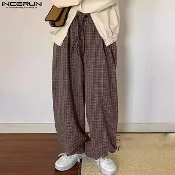 INCERUN Мужские широкие брюки в клетку с эластичной резинкой на талии