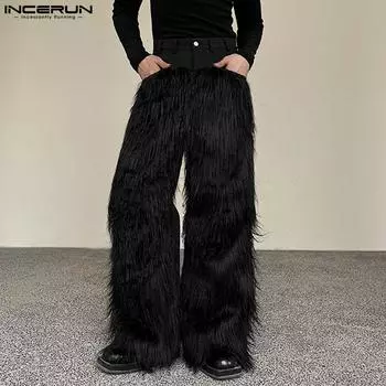 INCERUN мужские широкие длинные брюки с высокой талией на молнии и мехом в стиле пэчворк