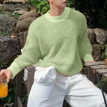 INCERUN Мужские свитера с длинным рукавом, тонкие, пушистые, повседневные, вязаные, джемперы, пуловеры на весну и осень S чёрный