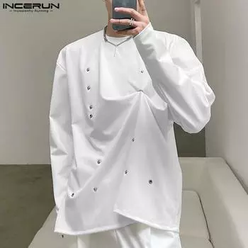 INCERUN Мужские свитера с круглым вырезом и длинным рукавом на пуговицах, топы, весна-осень S чёрный