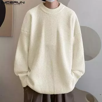 INCERUN Мужские свитера с круглым вырезом и вафельной текстурой, с длинным рукавом, повседневные топы S чёрный