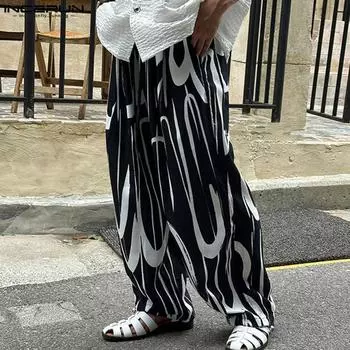 INCERUN Мужские свободные брюки с эластичной резинкой на талии и принтом, плиссированные повседневные широкие брюки