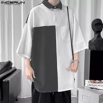 INCERUN Мужские свободные футболки с коротким рукавом и лацканами большого размера с шитьем 3XL синий