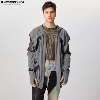 INCERUN Мужские свободные кимоно с длинным рукавом и открытым передом с капюшоном Кардиган 3XL