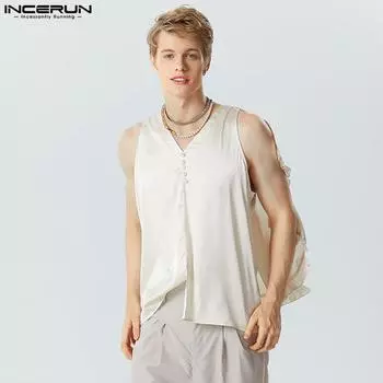 INCERUN Мужские свободные клубные топы без рукавов с рюшами на подол и вечерние майки S фиолетовый