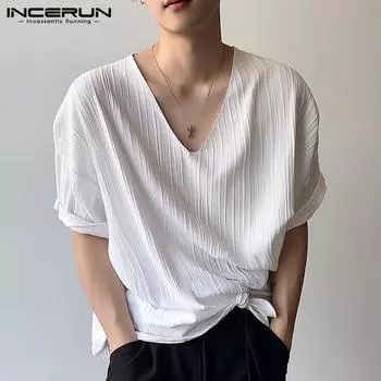 INCERUN Мужские свободные летние футболки с короткими рукавами и V-образным вырезом, топы