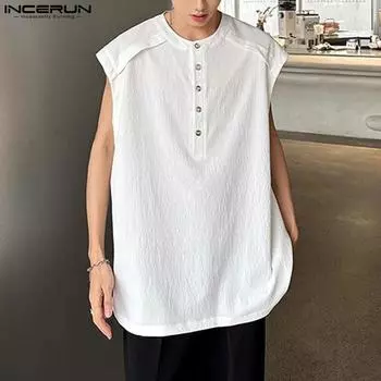 INCERUN Мужские свободные летние майки без рукавов с пуговицами на шее свободный жилет L чёрный