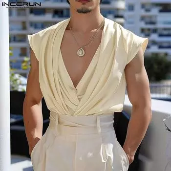 INCERUN Мужская летняя майка-безрукавка с V-образным вырезом и повседневными оборками 2XL чёрный