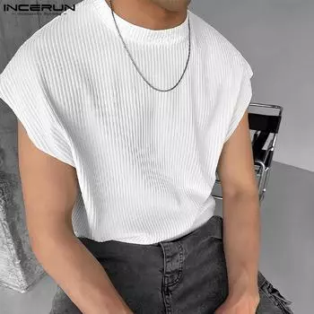 INCERUN Мужские свободные майки без рукавов в рубчик, повседневные, с круглым вырезом, в полоску XL белый