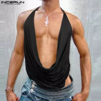 INCERUN Мужские свободные майки-хомуты без рукавов с воротником-хомутиком и открытой спиной для вечеринок S чёрный