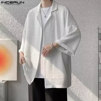 INCERUN Мужские свободные однотонные топы с рукавами 3/4, повседневные рубашки с пуговицами и текстурой S чёрный