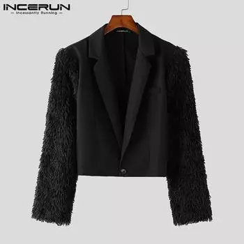 INCERUN Мужские свободные пиджаки с длинным рукавом и меховым лоскутным узором и лацканами M чёрный