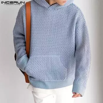 INCERUN мужские свободные полые клетчатые толстовки с длинными рукавами, толстовки