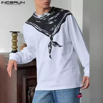 INCERUN Мужские свободные повседневные топы с круглым вырезом и длинным рукавом с принтом Футболки L белый