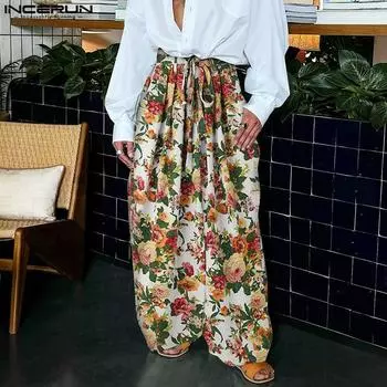 INCERUN Мужские свободные праздничные длинные брюки с эластичной резинкой на талии и цветочным принтом
