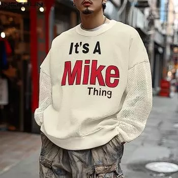 INCERUN Мужские свободные пуловеры с длинным рукавом и принтом в стиле пэчворк S бежевый