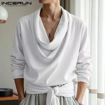 INCERUN Мужские свободные рубашки с длинным рукавом и шнуровкой, повседневные, однотонные, топы белый