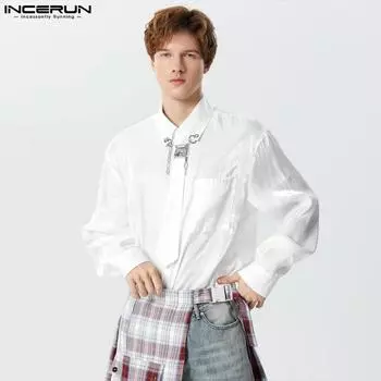 INCERUN Мужские свободные рубашки с длинными рукавами и завязками на пуговицах 3XL белый