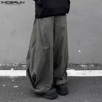 INCERUN Мужские свободные широкие брюки с эластичной талией, повседневные длинные брюки L чёрный