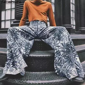 INCERUN Мужские свободные широкие брюки с высокой застежкой-молнией на талии и принтом