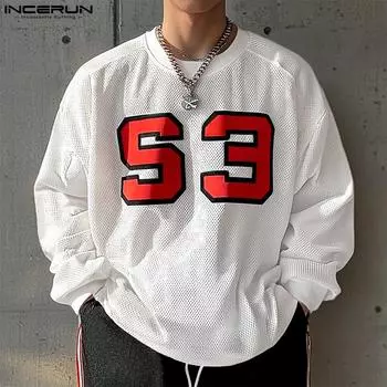 INCERUN Мужские свободные спортивные топы с длинным рукавом и принтом в сетку S чёрный