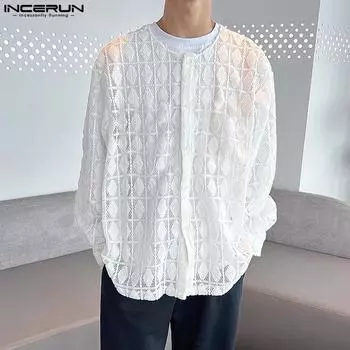 INCERUN Мужские свободные топы с длинным рукавом и кружевом, летние рубашки с вырезами S белый