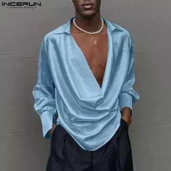 INCERUN Мужские свободные топы с длинным рукавом и воротником-стойкой для вечеринок из сатина XL белый