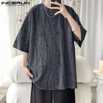 INCERUN Мужские свободные топы с коротким рукавом Летние футболки с круглым вырезом и текстурой S чёрный