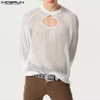 INCERUN Мужские свободные топы с круглым вырезом и длинными рукавами, вязаные крючком