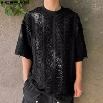 INCERUN Мужские свободные топы с круглым вырезом и коротким рукавом Повседневные сетчатые футболки S чёрный
