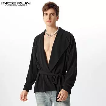 INCERUN Мужские свободные весенние бандажные топы с отворотом и длинным рукавом на шнуровке S чёрный