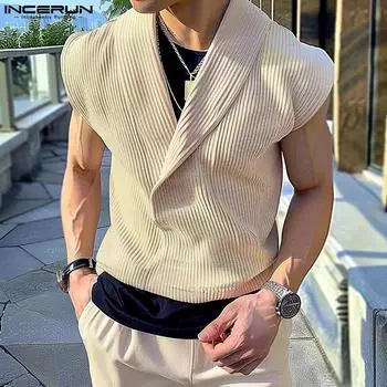 INCERUN Мужские свободные вязаные топы без рукавов, повседневный жилет с лацканами и V-образным вырезом S зелёный