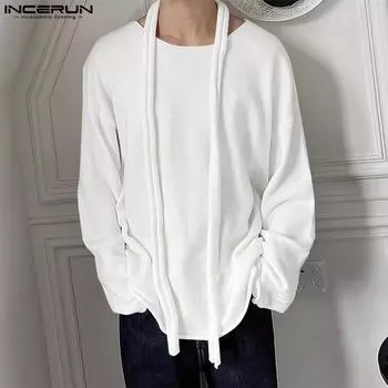 INCERUN Мужские Теплые Трикотажные Пуловеры С Круглым Вырезом И Длинным Рукавом Повседневные Осенне-Зимние Свитера С Поясом L чёрный