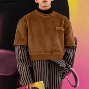 INCERUN Мужские теплые укороченные флисовые топы с круглым вырезом и короткими рукавами