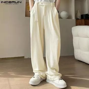 INCERUN Мужские текстурированные брюки в полоску, повседневные прямые широкие брюки