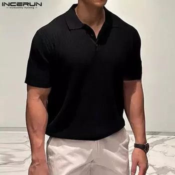 INCERUN Мужские текстурированные рубашки с коротким рукавом и воротником с лацканами, летние футболки S чёрный